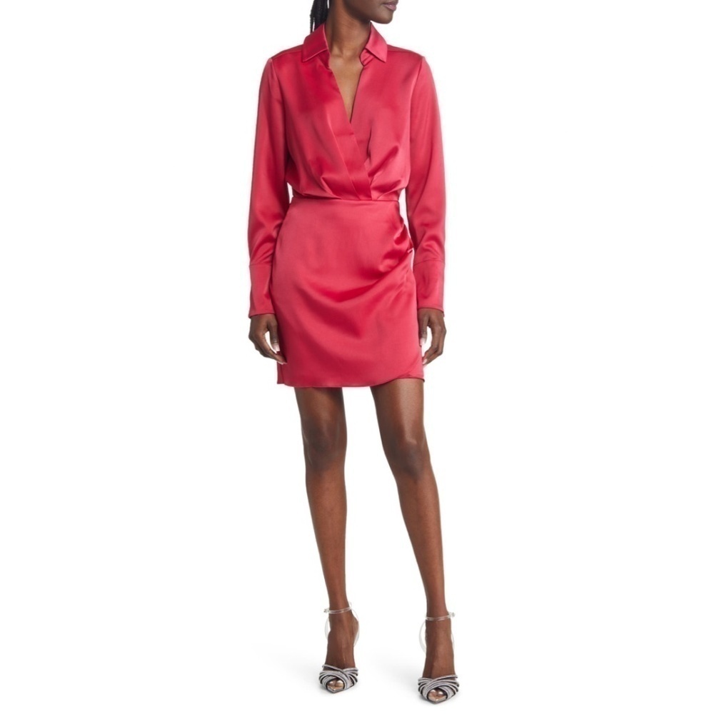Charles Henry Long Sleeve Satin Faux Wrap Minidress